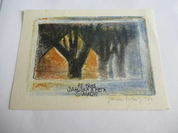 Sběratelská PF 1983 – motiv zimní stromy za soumraku, litografie (14,5 × 11 cm)
