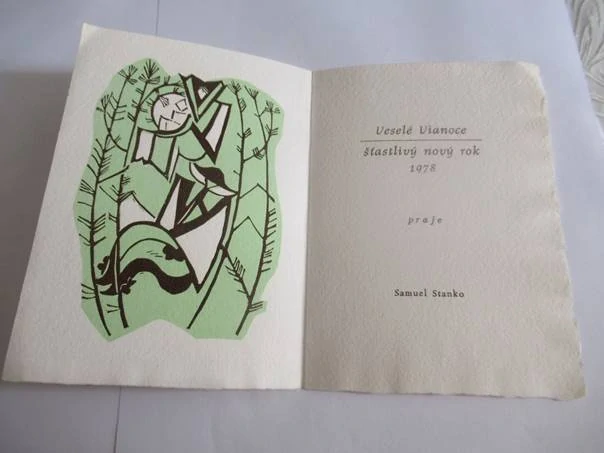 Sběratelská PF 1978 – motiv kubistická zimní krajina a lyžař, barevný linoryt X3 (15 × 10,5 cm)
