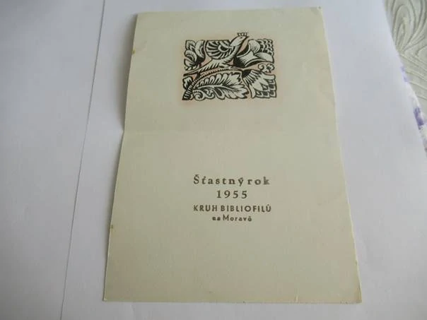 Sběratelská PF 1955 – motiv lidový ptáček a ornament, dřevoryt X2 (13,5 × 10 cm)