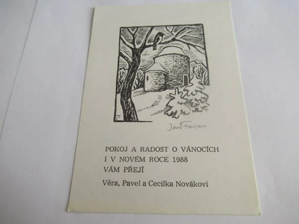 Sběratelská PF 1988 – autor: Josef Florian – motiv rotunda v zimní krajině, dřevoryt X2 (15 × 10 cm)