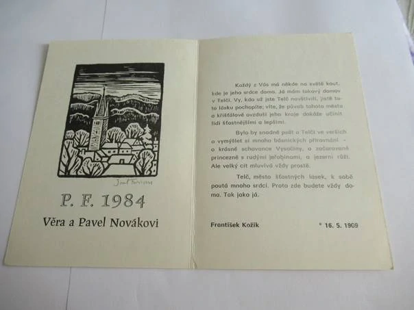 Sběratelská PF 1984 – autor: Josef Florian – motiv pohled na Telč, text František Kožík, dřevoryt X2 (15 × 10,5 cm)