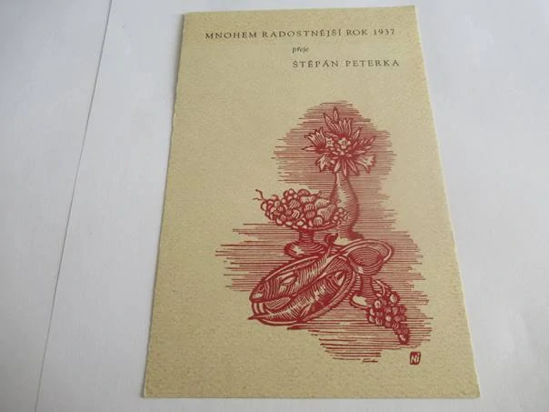 Sběratelská PF 1937 – autor: Stanislav Hlinovský – motiv zátiší s rybami a ovocem, litografie (cca 15 × 10,5 cm)