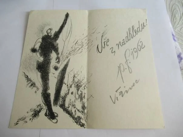Sběratelská PF 1962 – motiv lyžař na svahu a zimní krajina, litografie (20 × 10,5 cm)