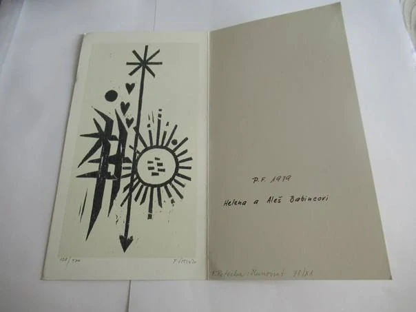 Sběratelská PF 1979 – autor: František Peterka – motiv slunce a vánoční strom, dřevořez X1 (19,5 × 10 cm)
