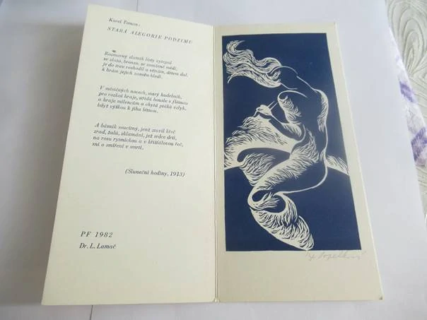 Sběratelská PF 1982 – autor: Inge Popelková – motiv Stará alegorie podzimu, lino / linoryt X3 (21 × 10 cm)
