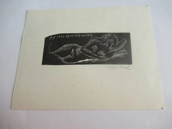 Sběratelská PF 1969 – autor: Rastislav Michal – motiv ležící ženský akt, linoryt X3 (13 × 10 cm)