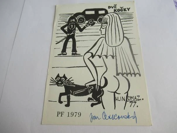 Sběratelská PF 1979 – motiv Dvě kočky, podle Josefa Hlinomaze, linoryt X3 (15,5 × 10,5 cm)
