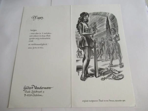 Sběratelská PF 1983 – autor: Frank-Ivo van Damme – motiv Iustitia, oběti války a věž v Diksmuide, dřevoryt X2 (21 × 10,5 cm)