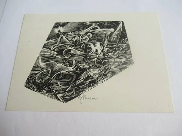 Sběratelská PF 1968 – autor: J. Meiser – motiv mořská panna, loď a maják, dřevoryt X2 (15 × 10,5 cm)