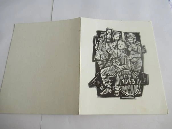 Sběratelská PF 1973 – autor: Erhard Zierold – motiv piják, sudy a ženské akty, linoryt X3 (15 × 11,5 cm)