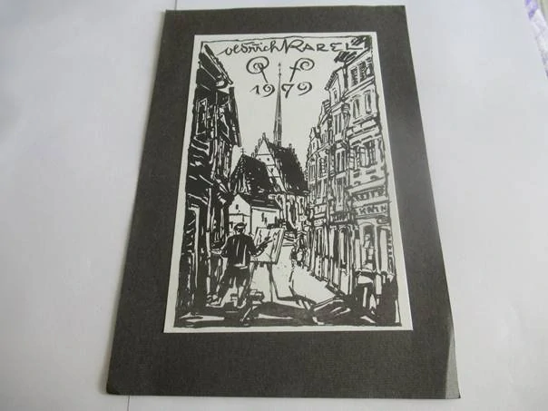 Sběratelská PF 1979 – autor: Oldřich Karel – motiv malíř v historické městské uličce s kostelem, zinkografie (21 × 14 cm)