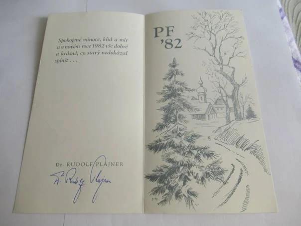 Sběratelská PF 1982 – odesílatel: Dr. Rudolf Plajner – motiv zimní krajina s kostelíkem, tisk (19,5 × 10 cm)