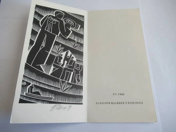 Původní sběratelská novoročenka PF 1980 Vladimír Bujárek s rodinou – autor Miroslav Houra, linoryt (21 × 10 cm)