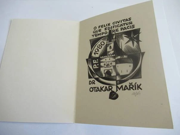 Původní sběratelská novoročenka PF 1980 Dr. Otakar Mařík – autor Otakar Mařík (M. Fils), linoryt/dřevoryt (14,5 × 10,5 cm)