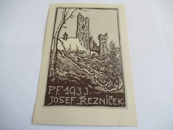 Původní sběratelská novoročenka PF 1933 Josef Řezníček – motiv hradní zříceniny, původní dvoubarevný linoryt (17,5 × 12 cm)
