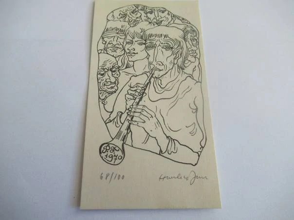 Původní sběratelská novoročenka PF 1970 – autor Vladimír Havlic, signovaný a číslovaný linoryt / zinkografie (12,5 × 6,5 cm)