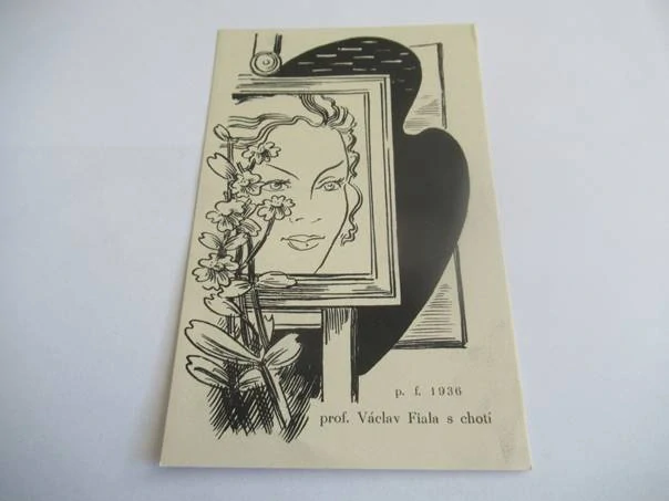 Původní sběratelská novoročenka p. f. 1936 prof. Václav Fiala s chotí – motiv malířského zátiší, zinkografie / zrcadlový tisk (16,5 × 10,5 cm)