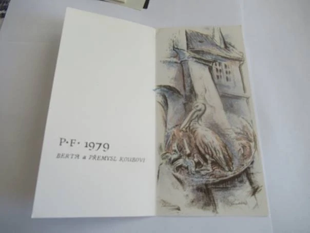 Původní sběratelská novoročenka P.F. 1979 Berta a Přemysl Koubovi – autor Bohuslav Knobloch, barevná litografie (20,5 × 10 cm)