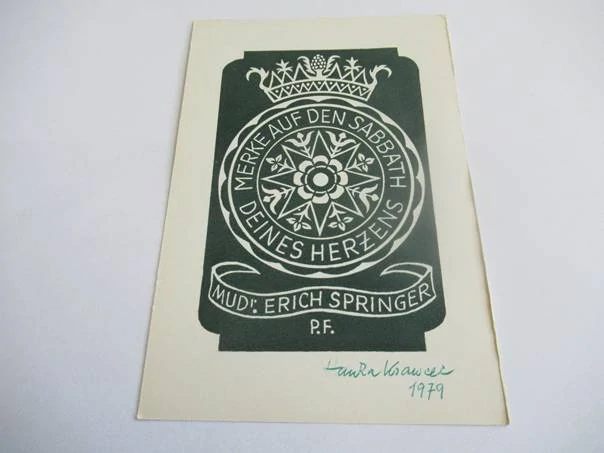 Původní sběratelská novoročenka P.F. 1979 MUDr. Erich Springer – autorka Hanka Krawcec, signovaný linoryt (16 × 10,5 cm)