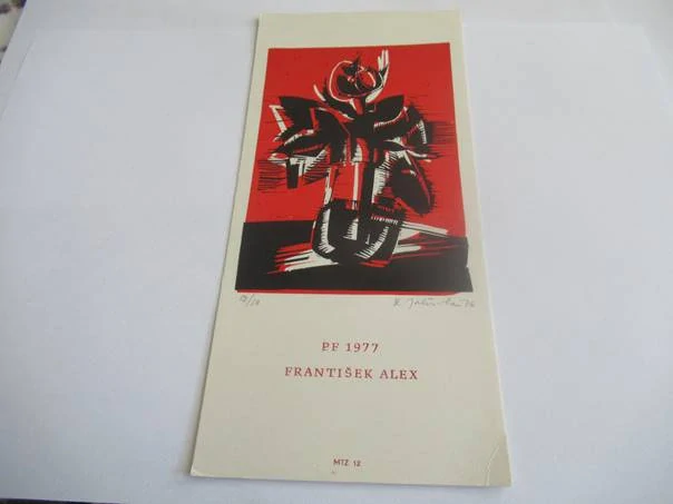 Původní sběratelská novoročenka PF 1977 František Alex – autorka Ludmila Jahůdková, signovaný a číslovaný barevný linoryt (20,5 × 9,5 cm)
