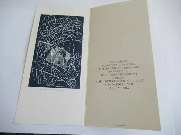 Původní sběratelská pamětní grafika k 80. narozeninám O. F. Bablera (1981) – autor Bohuslav Smejkal, signovaný linoryt (20,5 × 10 cm)