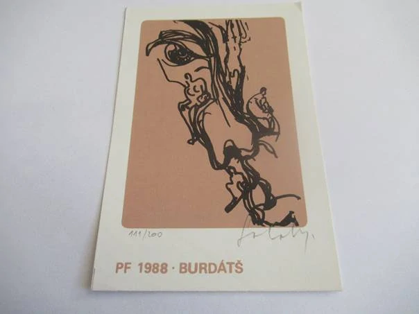 Původní sběratelská novoročenka PF 1988 Burdátš – autor Jozef Sabol, signovaná a číslovaná serigrafie (14,5 × 9,5 cm)