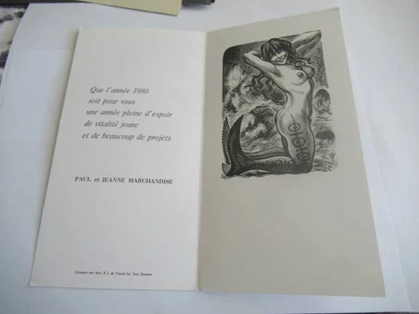 Původní sběratelská novoročenka Que l'année 1980 – autor Frank-Ivo Van Damme (Belgie), motiv mořské panny, původní dřevoryt X2 (21,5 × 11 cm)