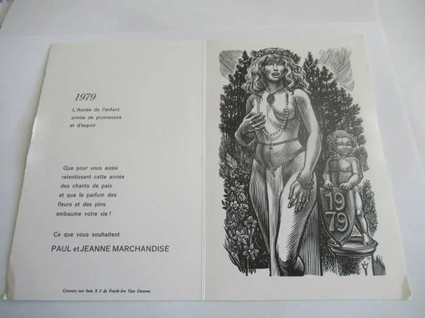 Původní sběratelská novoročenka L'Année de l'enfant 1979 – autor Frank-Ivo Van Damme (Belgie), motiv ženy s Amorkem, původní dřevoryt X2 (18 × 11,5 cm)