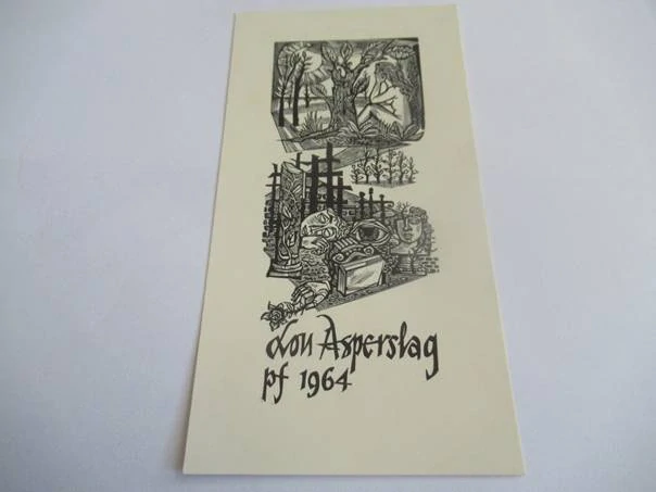 Původní sběratelská novoročenka Lou Asperslag pf 1964 – autor Lou Strik, původní dřevoryt / xylografie (18,5 × 9,5 cm)