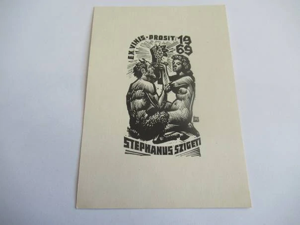 Původní sběratelská novoročenka Ex Vinis Prosit 1969 Stephanus Szigeti – autor Otakar Mařík (M. Fils), původní linoryt / dřevoryt (14,5 × 10 m)