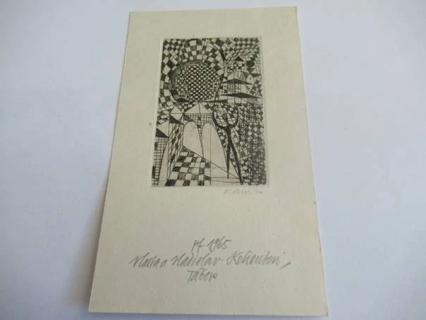 Původní sběratelská novoročenka pf 1965 Vlasta a Ladislav Kohoutovi, Tábor – autor František Smetana, původní signovaný lept (14,5 × 8,5 cm)
