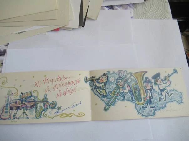 Původní sběratelská novoročenka Silvestr 76 – ilustrace Jan Černý Klatovský, autorský podpis Jan Kanyza, barevná litografie (21 × 10,5 cm)