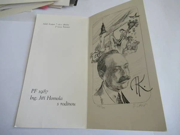 Novoroční PF 1987 s portrétem malíře Adolfa Kašpara pro Ing. Jiřího Homolu s rodinou, vhodné pro sběratele novoročenek a drobné grafiky, originální podepsaný a číslovaný tisk, rozměr 21 × 10,5 cm