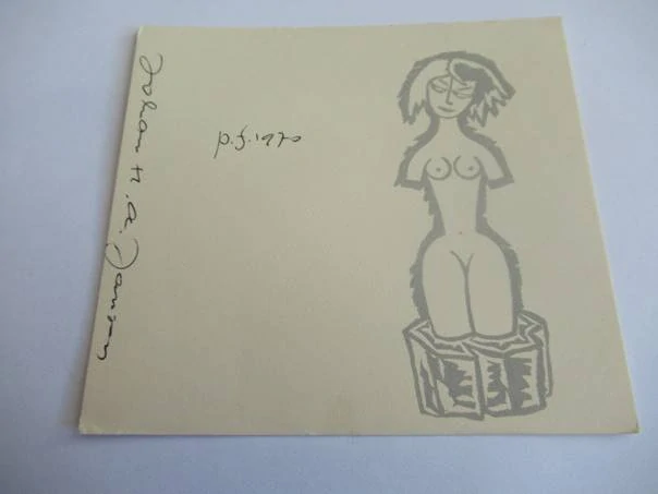 Novoroční PF 1970 s motivem ženského aktu na podstavci pro Johana H. A. Jansena, vhodné pro sběratele novoročenek a exlibris, autor Salvatierra, originální podepsaný dřevoryt (X2), rozměr 12 × 11 cm
