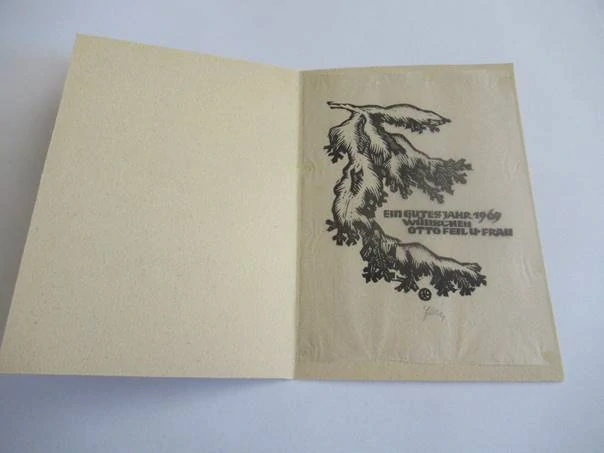 Novoroční PF 1969 s motivem zasněžené jedlové větve pro Otto Feila s chotí, vhodné pro sběratele novoročenek a drobné grafiky, originální podepsaný tisk, rozměr podkladového papíru 13,5 × 9,5 cm (PF grafika 12,5 × 9 cm)
