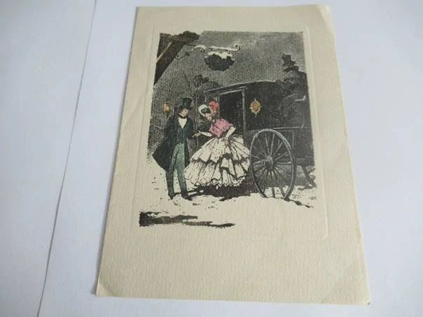 Novoroční PF 1965 s motivem příjezdu kočáru v historické zasněžené uličce pro Pepitu Pallé Vachier, vhodné pro sběratele PF a španělské grafiky, autor José Mª Chico, ručně kolorovaná litografie, rozměr složeného listu 17 × 12 cm