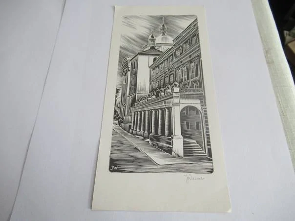 Volná grafika s motivem pražské Lorety (monogram JW), vhodné pro sběratele české moderní grafiky a pražských motivů, autor J. Weiser, originální podepsaný tisk (linoryt), rozměr 21 × 10 cm