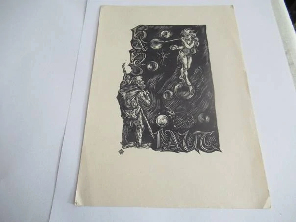Volná grafika s motivem knižní značky (exlibris) Karl Laut, vhodné pro sběratele drobné grafiky a exlibris, originální nesignovaný tisk (linoryt nebo dřevořez), rozměr 20,5 × 14,5 cm