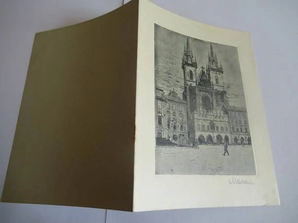 Volná grafika s motivem Týnského chrámu v Praze, originální podepsaný tisk, rozměr složeného listu 16 × 12 cm