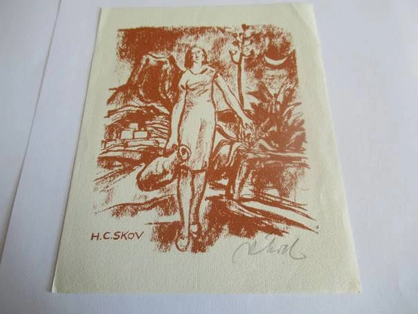 Volná grafika s motivem ženy s amforou před vulkánem, exlibris H. C. SKOV, autor Rudolf Koch, originální tisk z roku 1969, vlastnoruční autorská signatura, rozměr 14,5 × 12 cm