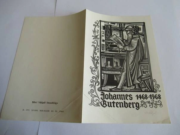Volná grafika s portrétem Johannese Gutenberga k jubileu 1468–1968, autorka Silvi Väljal, originální podepsaný linoryt, rozměr složeného listu 15 × 10 cm