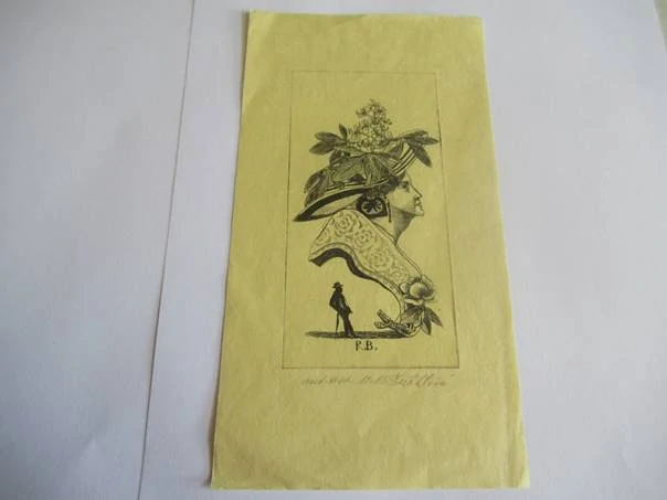 Volná grafika se surrealistickým figurálním motivem, exlibris R. B., autor Marie Michaela Šechtlová, originální tisk, rozměr 19 × 10 cm