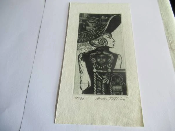 Volná grafika s motivem renesanční ženské busty, exlibris Citta di Pescara G. D'Annunzio, autor Marie Michaela Šechtlová, originální číslovaný a podepsaný tisk, rozměr 20,5 × 11 cm