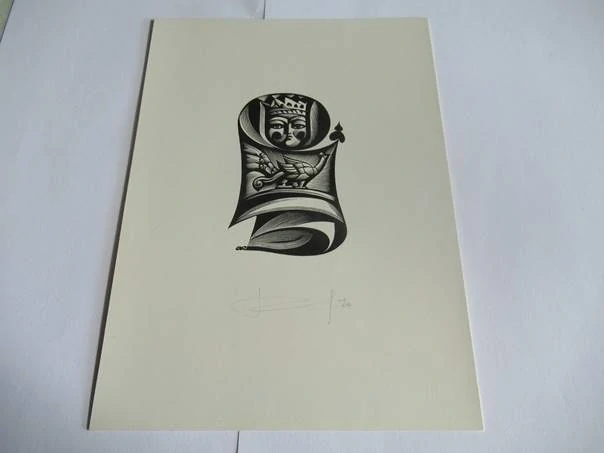 Volná grafika s motivem heraldické karty s královnou a ptákem, autor Kalašnikov, originální tisk z roku 1970, vlastnoruční autorská signatura a datace, rozměr 22 × 16 cm