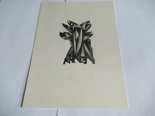 Volná grafika s kubistickým exlibris, autor Kalašnikov, originální tisk z roku 1971, vlastnoruční autorská signatura a datace, rozměr 22 × 16 cm