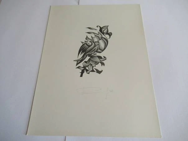 Volná grafika s kubistickým motivem ptáka na rozkvetlém poupěti, autor Kalašnikov, originální tisk z roku 1971, vlastnoruční autorská signatura a datace, rozměr 22 × 16,5 cm