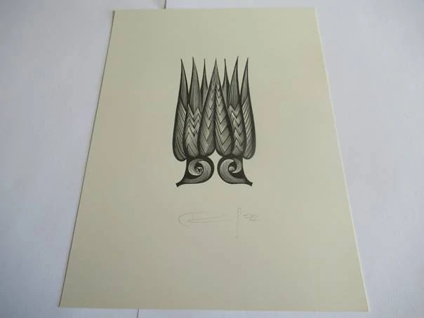 Volná grafika s kubistickým motivem stylizované koruny nebo plamenů, autor Kalašnikov, originální tisk z roku 1972, vlastnoruční autorská signatura a datace, rozměr 22 × 16 cm