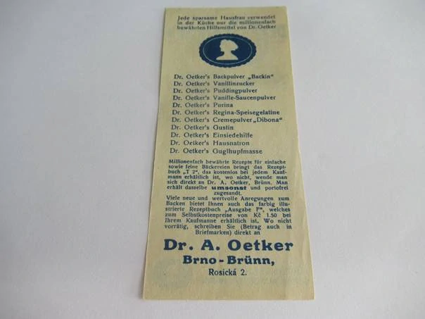 Ikonická reklamní účtenka Dr. Oetker – Kuchař s bábovkou, Brno – Rosická 2 (30. léta)