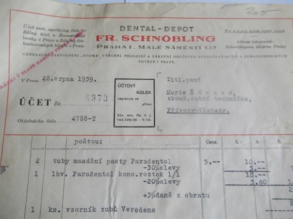 Praha - Fr. Schnöbling - Dental Depot - Prodejní a nákupní středisko zubolékařských a zubotechnických potřeb - 1939
