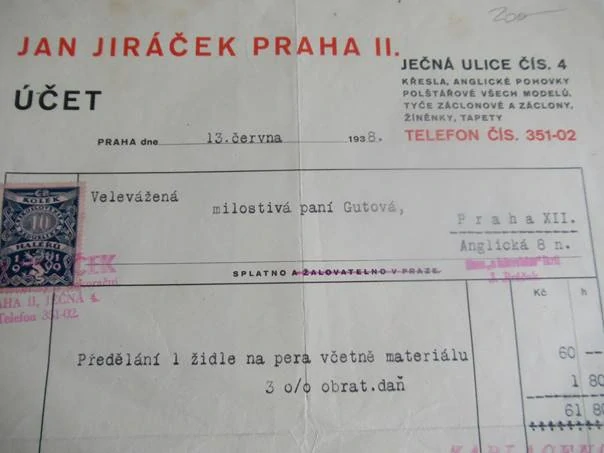 Praha II. - Jan Jiráček - Křesla, Anglické pohovky polštářové všech modelů, tyče záclonové a záclony, žíněnky , tapety - 1938